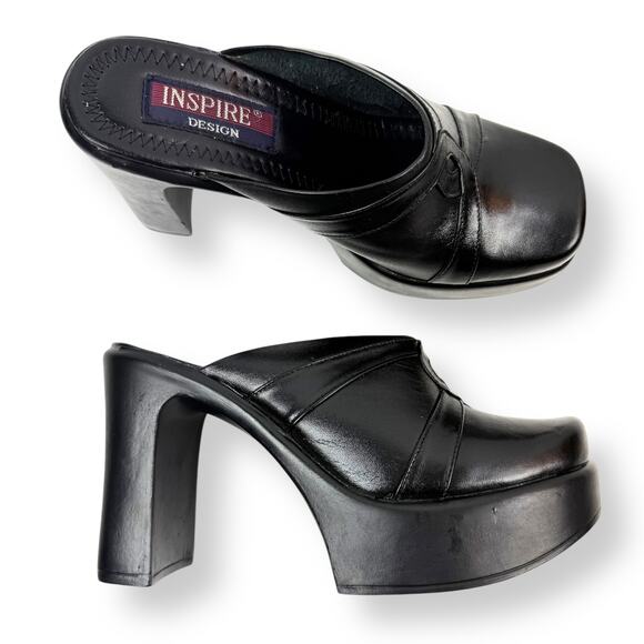 Vintage 90's black genuine leather platform clogs by INSPIRE DESIGN